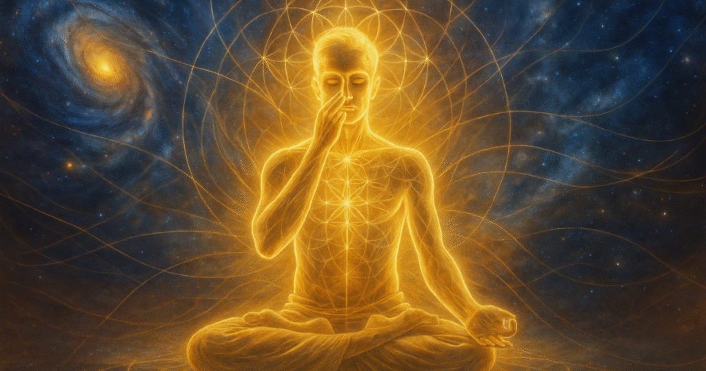 A glowing light being in lotus pose practicing Nadi Shodhana pranayama, immersed in cosmic energy with swirling galaxies and sacred geometry