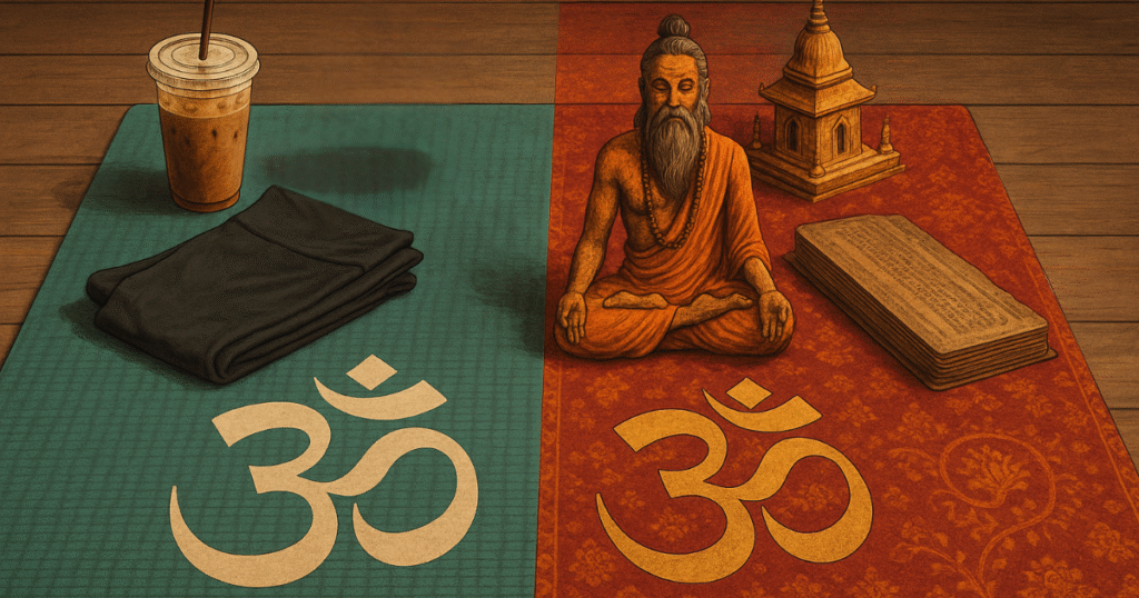 A yoga mat split in half showing the contrast between modern Western yoga culture with leggings and iced coffee, and traditional Indian yoga roots with a meditating yogi, sacred manuscript, and miniature temple.