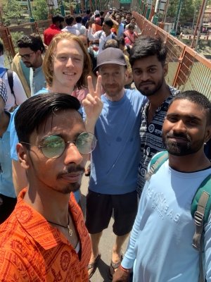 friends on the Ram Jhula Bridge