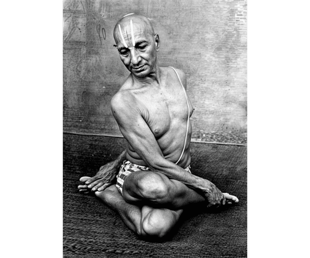 Elderly Indian yogi seated in Padmasana with hands resting on knees