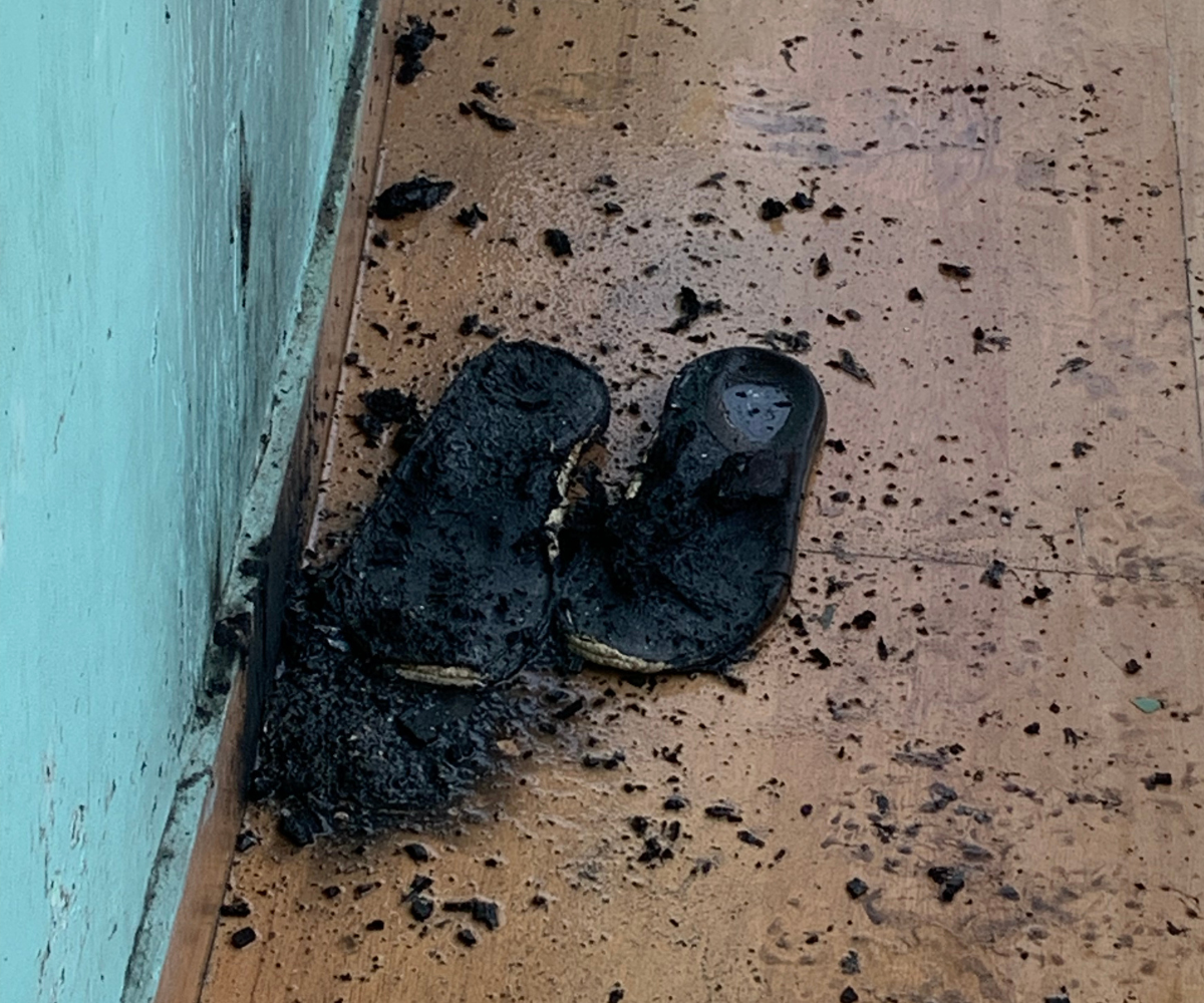 burned pair of flip flops