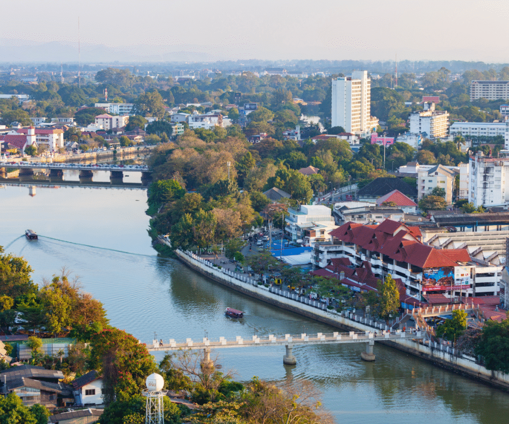 Aerial view of Chiang Mai with the Ping River winding through the city