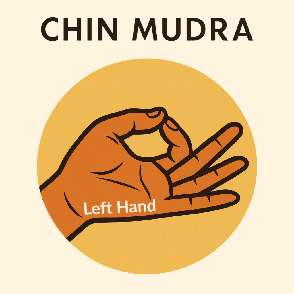 Stylized illustration of the left hand in Chin Mudra with thumb and index finger touching, three fingers extended, and bold text label above