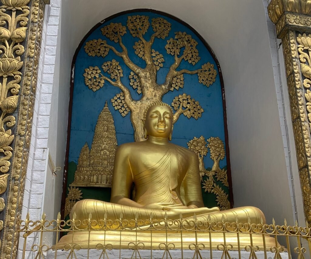 Golden Buddha statue with Bodhi tree backdrop at the World Peace Pagoda in Pokhara