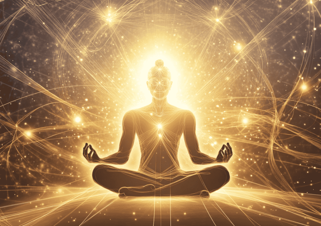 A glowing yogi in meditation with radiant energy lines symbolizing prana and purified nadis during Nadi Shodhana practice