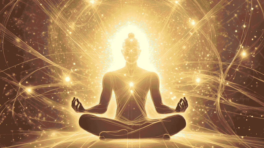 A glowing yogi in meditation with radiant energy lines symbolizing prana and purified nadis during Nadi Shodhana practice