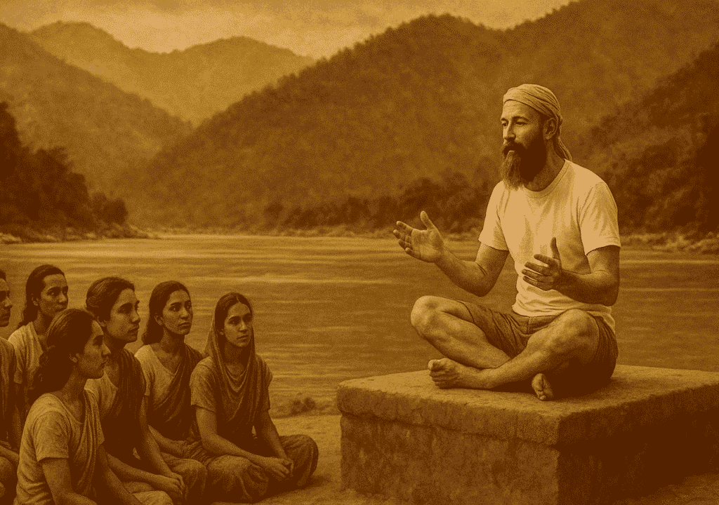 A bearded yoga teacher gives a satsang to students by the river, with Himalayan hills in the background

