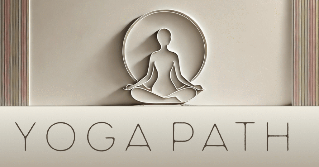 Minimalist 3D paper-cut style yoga silhouette with soft neutral tones, vases, and the text Yoga Path