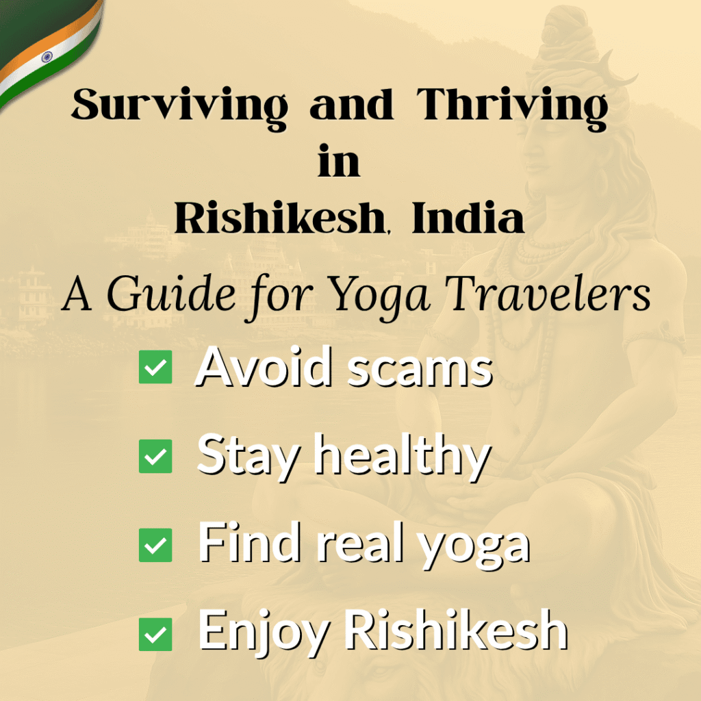 Cover image of Surviving and Thriving in Rishikesh digital guide showing checklist for yoga travelers with a statue of Shiva in the background