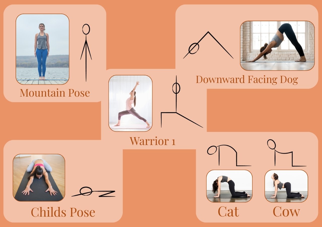 beginner-yoga-poses-mountain-dog-childs-cat-cow-warrior 5 Beginner Yoga Poses Every New Student Should Learn