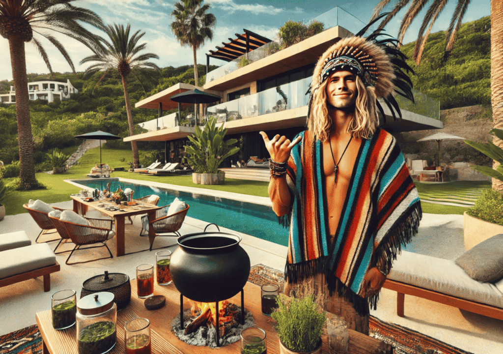 White surfer-style man in traditional Peruvian shaman attire stirring ayahuasca in a luxury Malibu backyard, satirical image about cultural appropriation and dangers of ayahuasca commercialization.