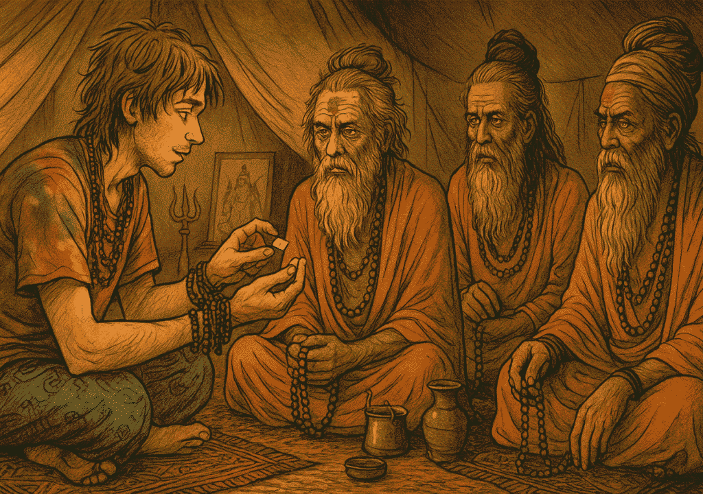Young Western hippie offering LSD to a group of serious Hindu sadhus in India, satirical illustration highlighting cultural disrespect and dangers of ayahuasca tourism.