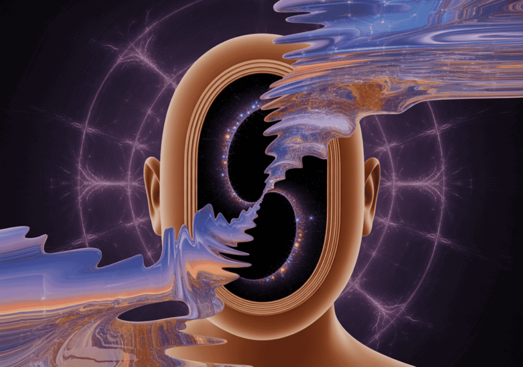 Abstract psychedelic artwork of a human head opening to cosmic imagery, symbolizing intense altered states and the psychological dangers of ayahuasca.