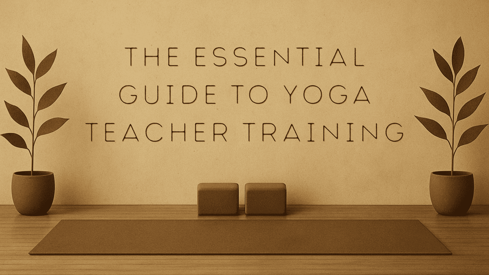 Minimalist sepia yoga studio with centered mat, blocks, and plants, featuring text “The Ultimate Guide to Yoga Teacher Training”