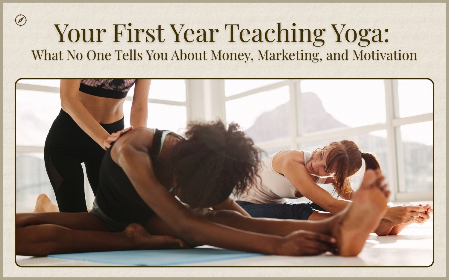 first-year-teaching-yoga-hero Yoga teacher assisting students in a studio during their first year of teaching