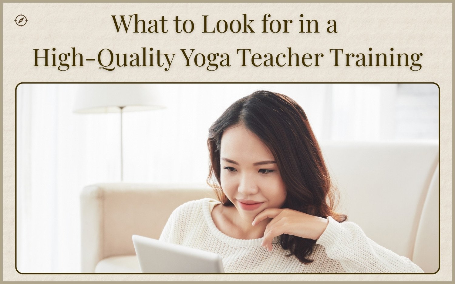 high-quality-yoga-teacher-training-hero Woman researching high-quality yoga teacher training programs on her laptop at home