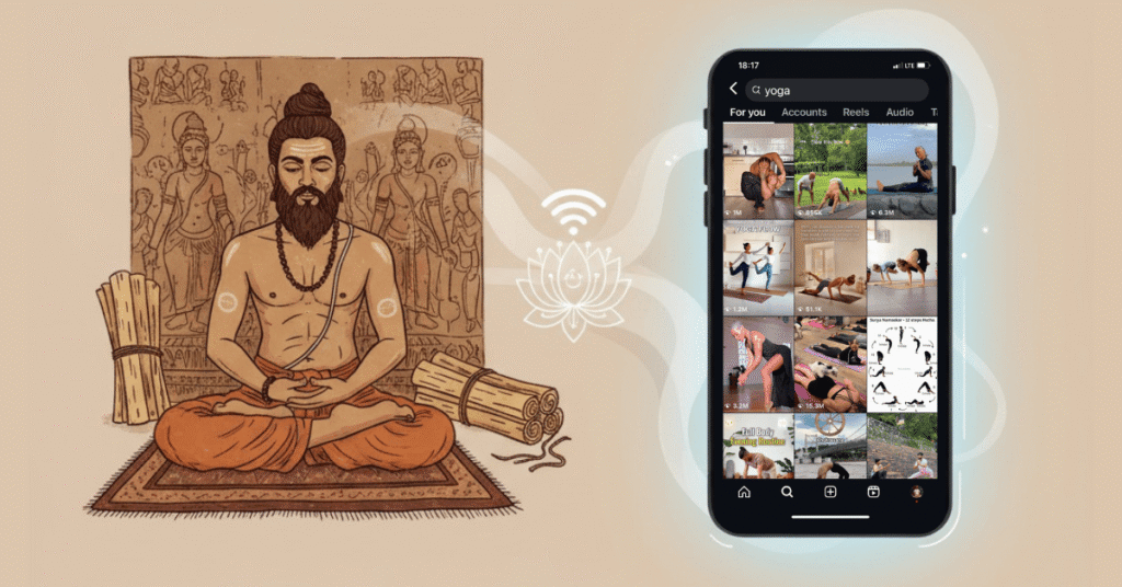 Illustration showing the history of modern yoga, from an ancient yogi meditating to Instagram yoga posts