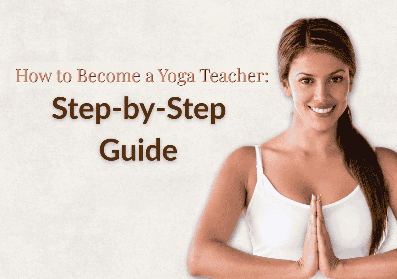 Smiling yoga practitioner with hands in prayer pose, hero image for Off and Runnin’s 2025 step-by-step guide on how to become a yoga teacher.