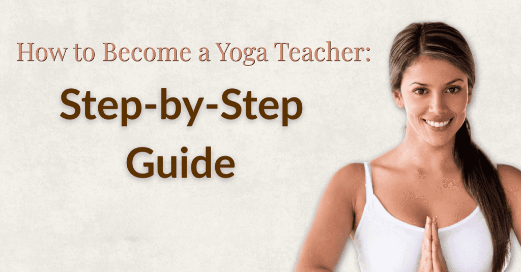 Smiling yoga practitioner with hands in prayer pose, hero image for Off and Runnin’s 2025 step-by-step guide on how to become a yoga teacher.