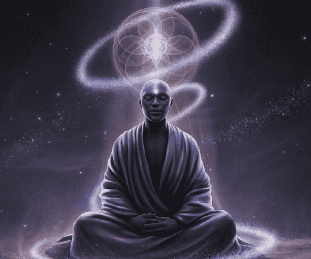 Cosmic illustration of a meditating yogi with glowing third eye and celestial light spirals symbolizing inner vision