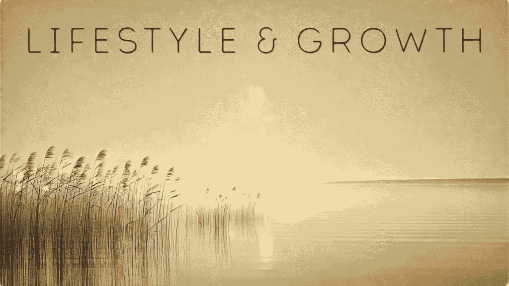 Minimalist sepia landscape of reeds by a calm lake under a hazy sun, used as the Lifestyle & Growth blog header.