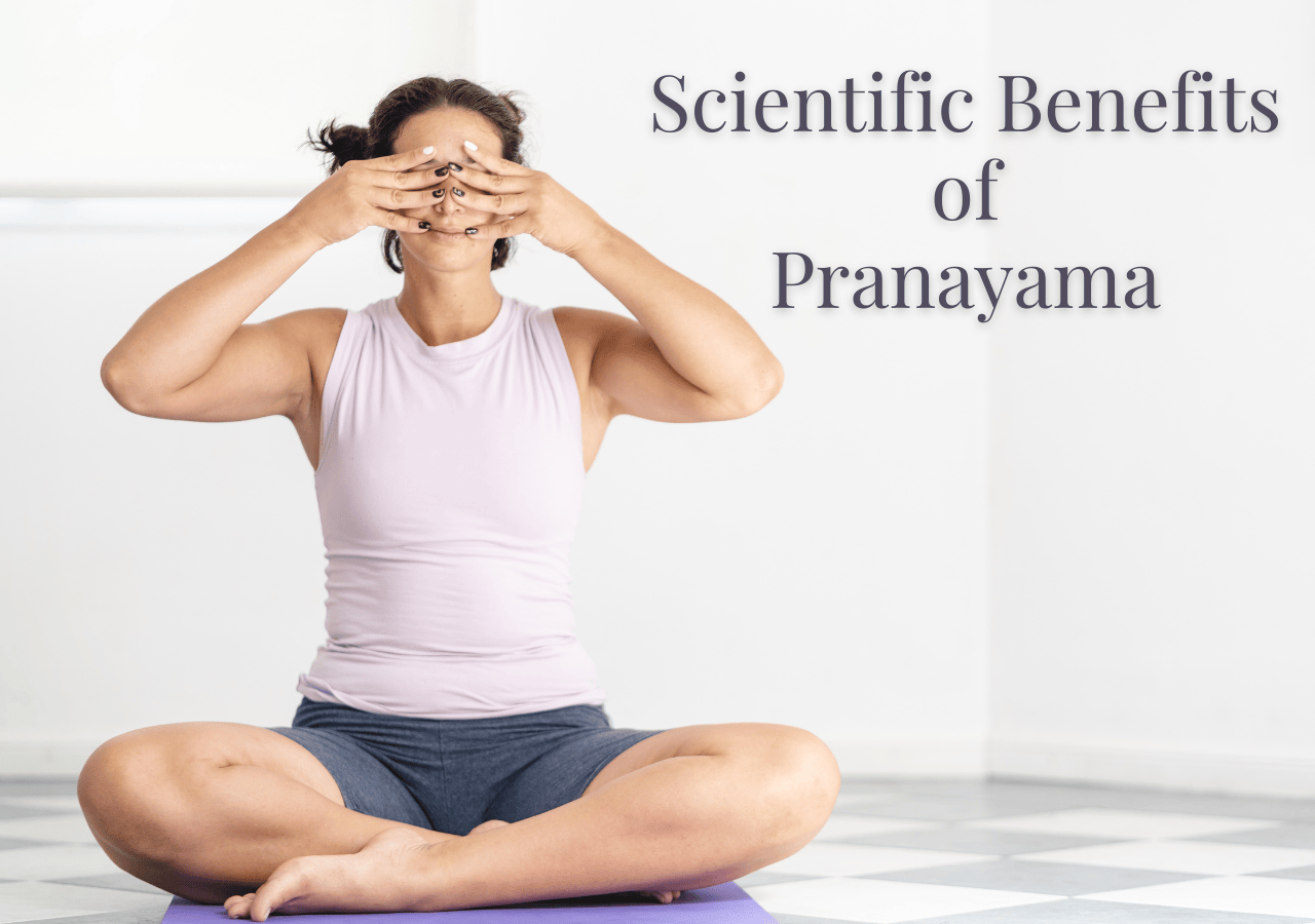 scientific-benefits-of-pranayama-hero Woman practicing pranayama seated on a yoga mat with hands in Bhramari position