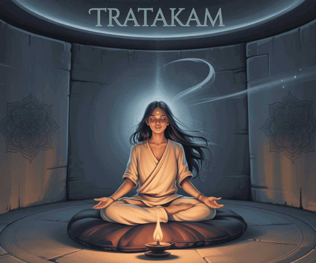 Illustration of a woman practicing trataka meditation while gazing at a candle flame, with glowing third eye and cosmic background

