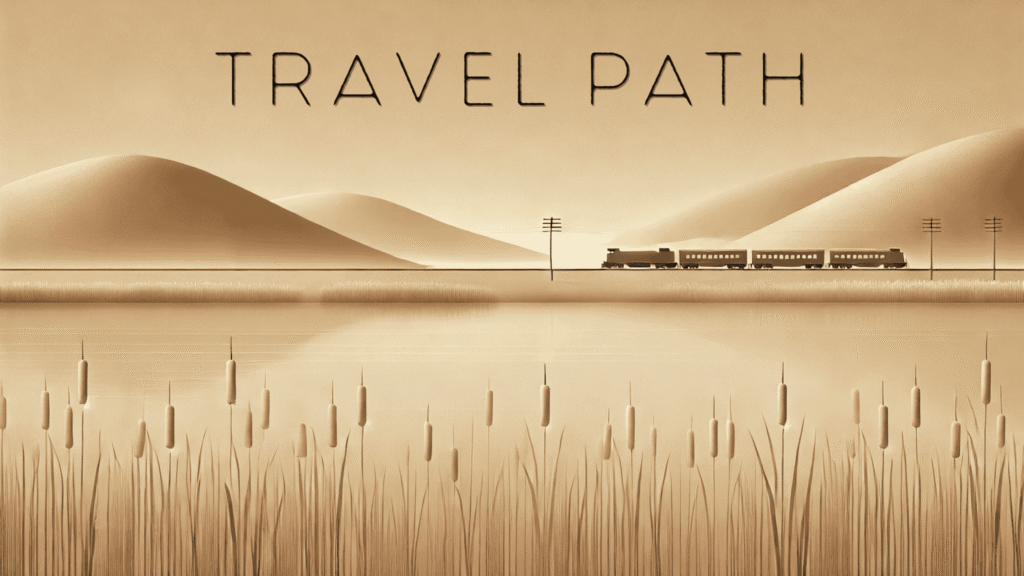 Minimalist sepia illustration of a train traveling through rolling hills beside a calm lake, used as the Travel Path blog header.
