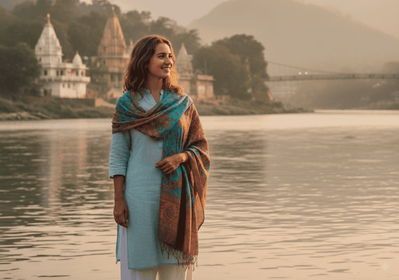 womens-safety-india-rishikesh-hero Female traveler in modest clothing standing by the Ganges River in Rishikesh