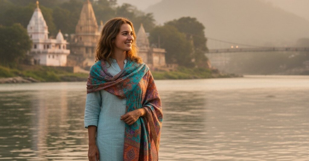 Female traveler in modest clothing standing by the Ganges River in Rishikesh