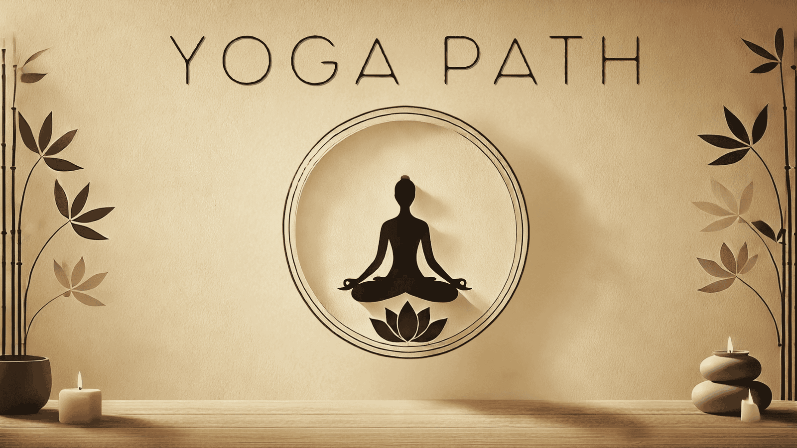 yoga-path-minimalist-lotus-meditation-hero Minimalist sepia-toned yoga banner with a meditating figure inside a circle above a lotus flower, flanked by bamboo plants and candles on a wooden surface