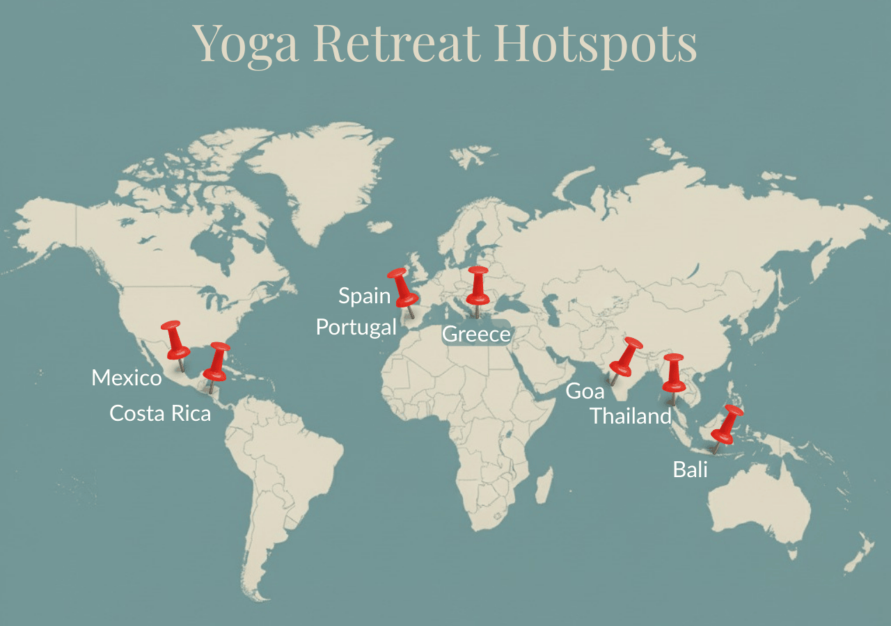 World map of popular yoga retreat destinations including Bali, Costa Rica, Mexico, India, and Europe
