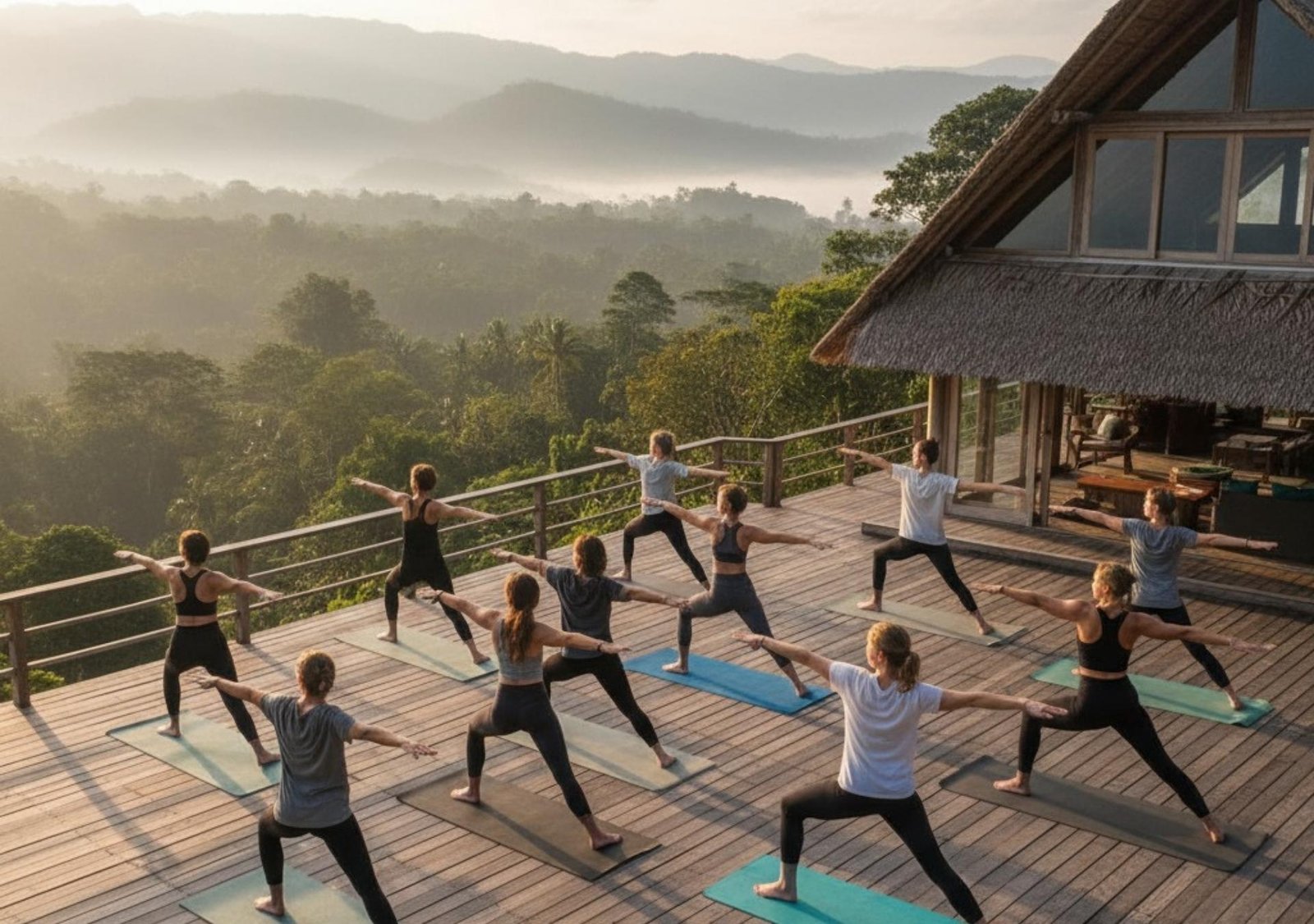 Group yoga session on a wooden deck overlooking mountains and jungle at sunrise