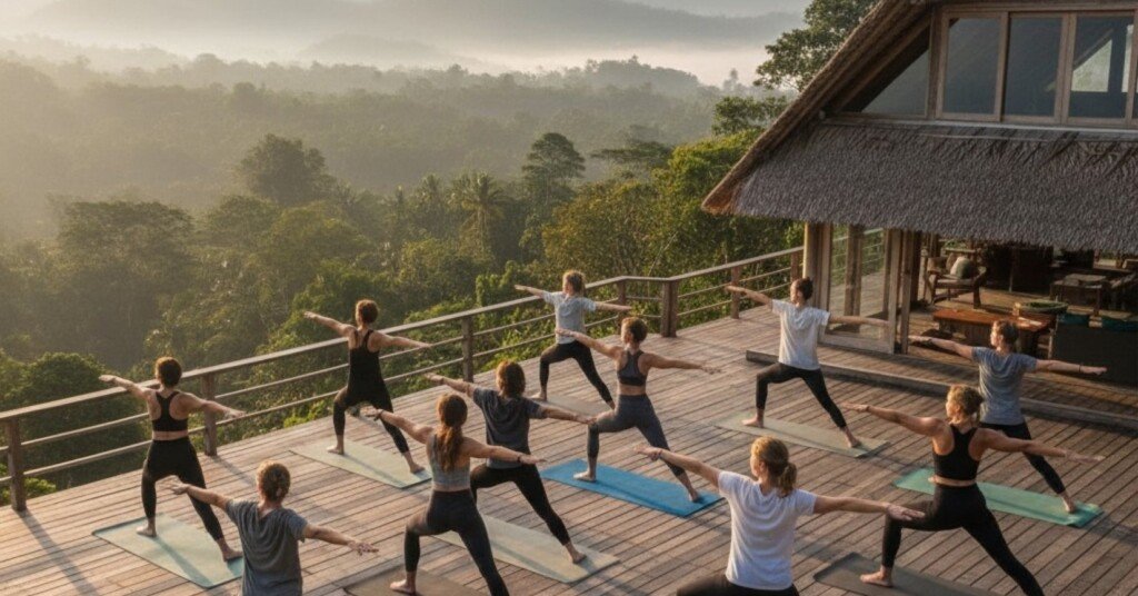 Group yoga session on a wooden deck overlooking mountains and jungle at sunrise