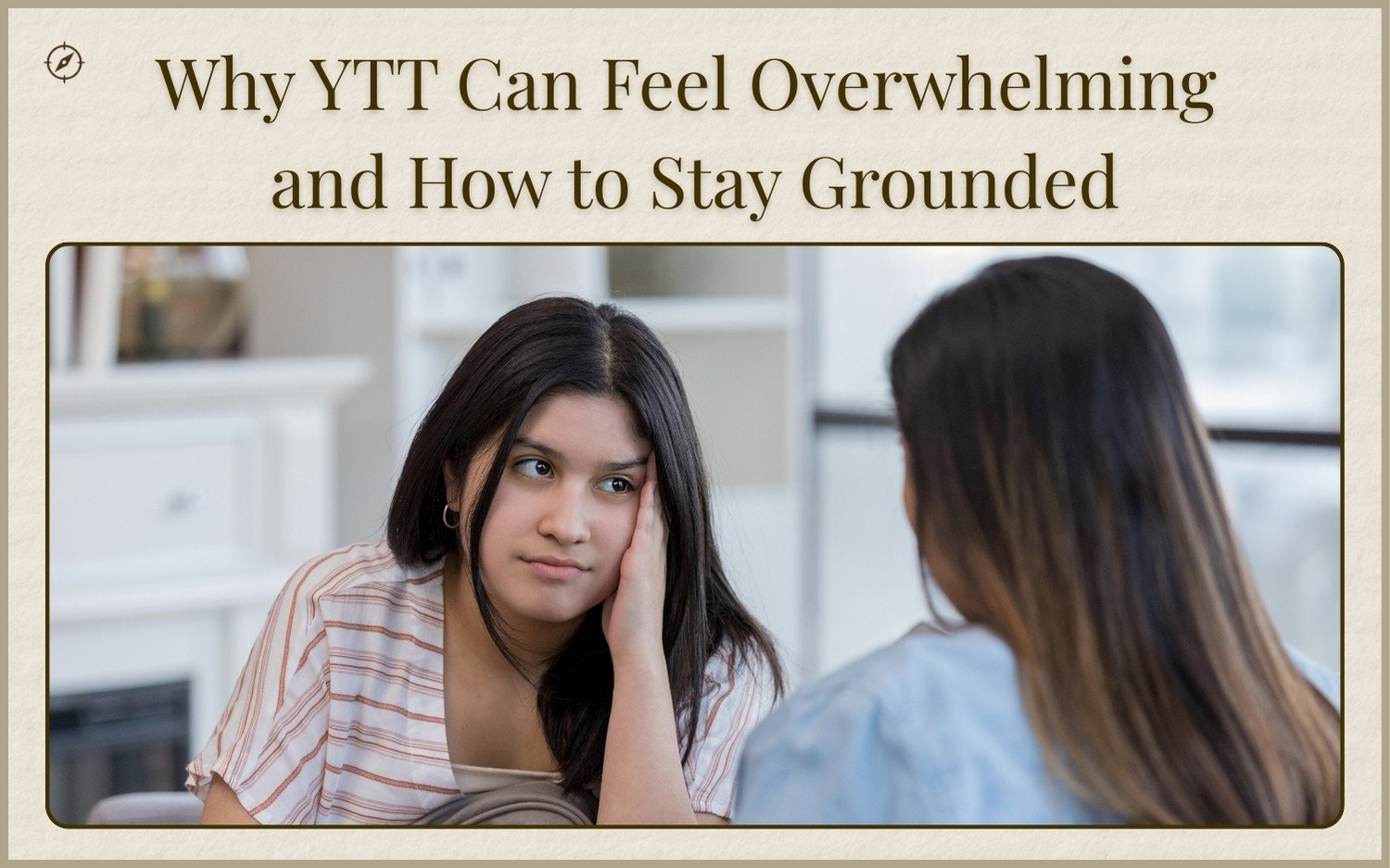 Young yoga teacher trainee looking overwhelmed while listening during training conversation