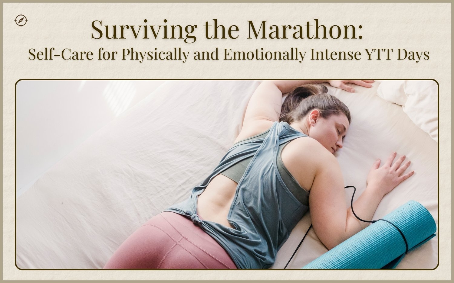 ytt-self-care-exhaustion-bed Yoga trainee collapsed on bed with a yoga mat beside her, showing exhaustion from intensive training days