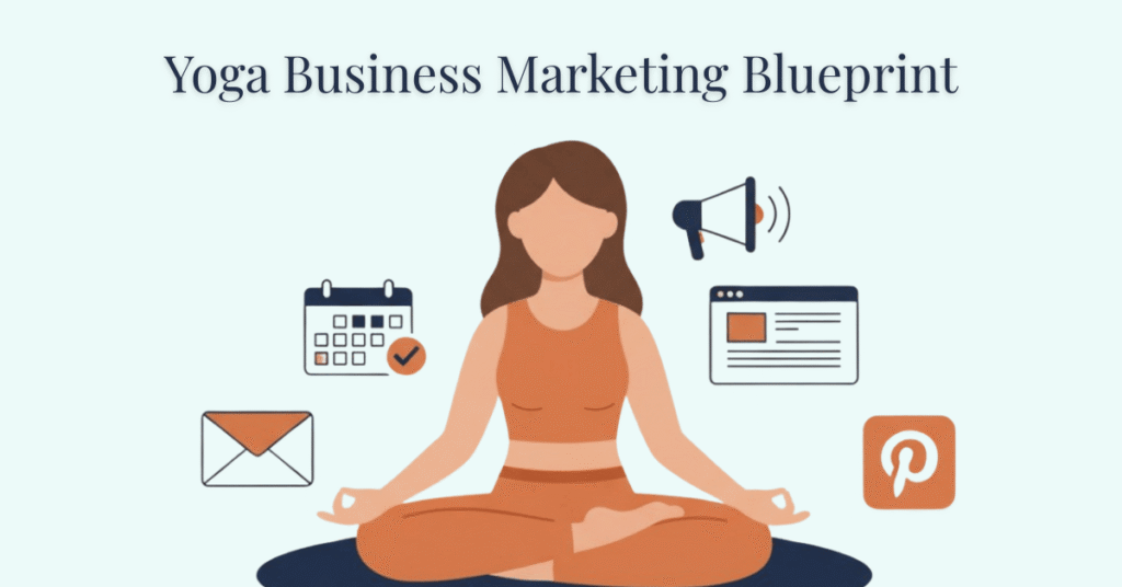 Flat-style illustration of yoga teacher with marketing icons for email, calendar, website, and Pinterest