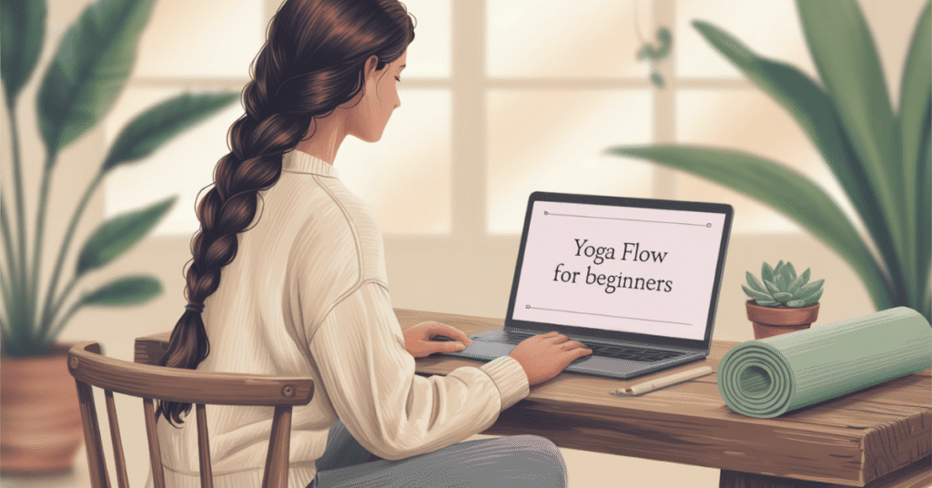 Woman at a wooden desk with a yoga mat and laptop screen reading “Yoga Flow for beginners.