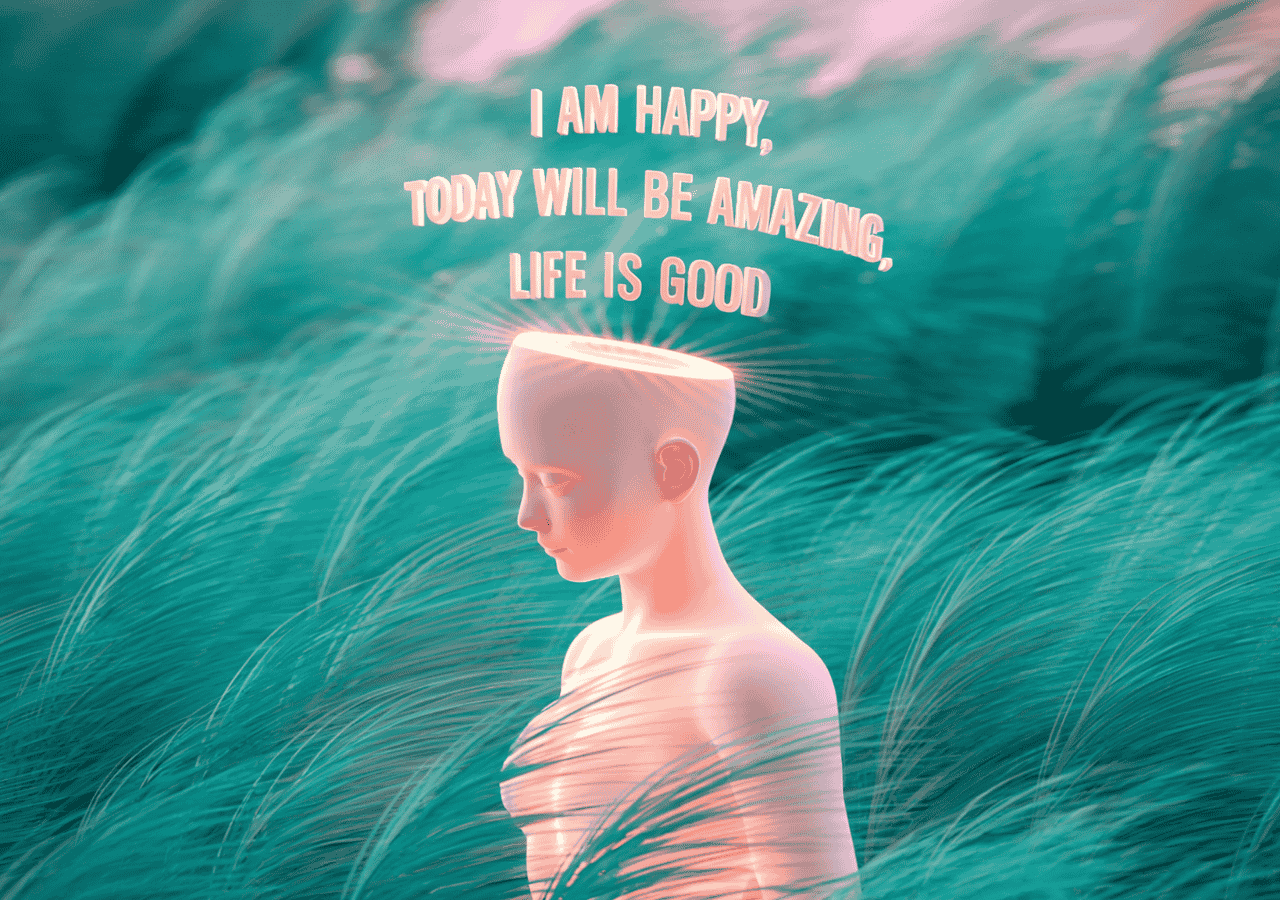 Glowing figure with affirmations floating above the head