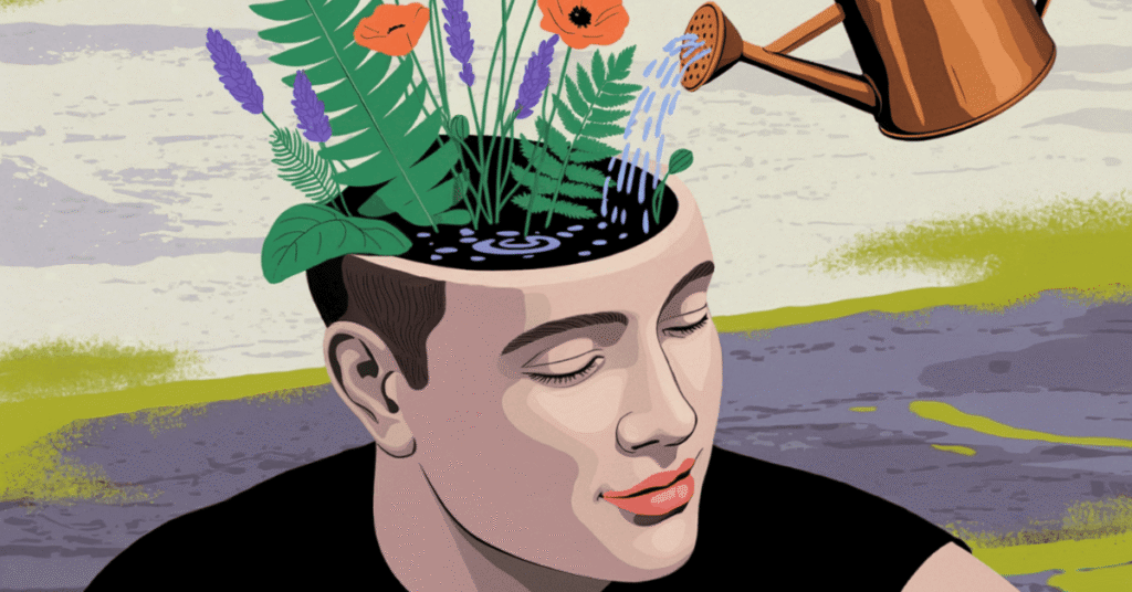 Illustration of a head with plants growing out of it being watered with a garden can, symbolizing affirmations nurturing positive thinking.