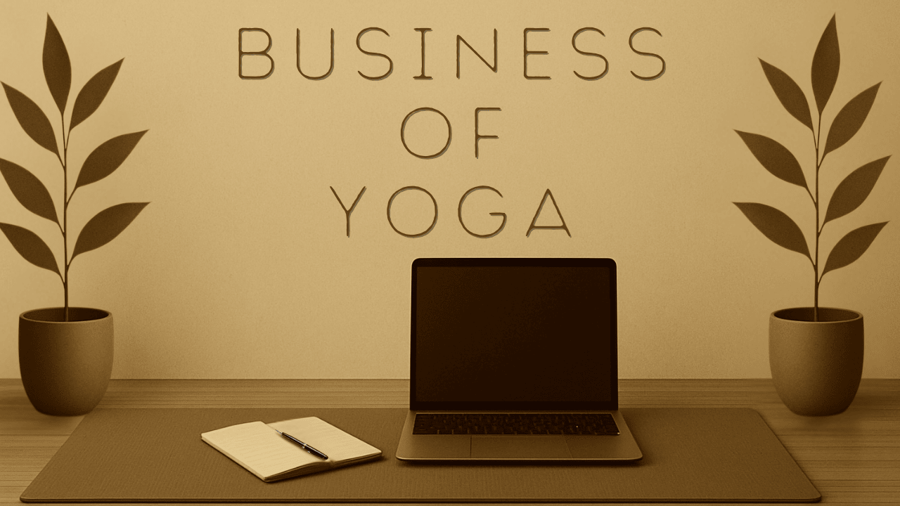 business-of-yoga-hero Minimal sepia-toned hero image showing a laptop and notebook on a yoga mat with potted plants on each side, symbolizing the balance between yoga practice and business.