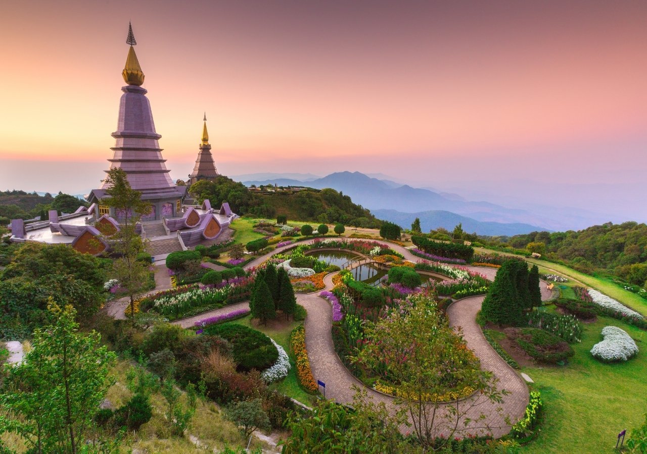 Doi Inthanon temple gardens at sunset in Chiang Mai, Thailand