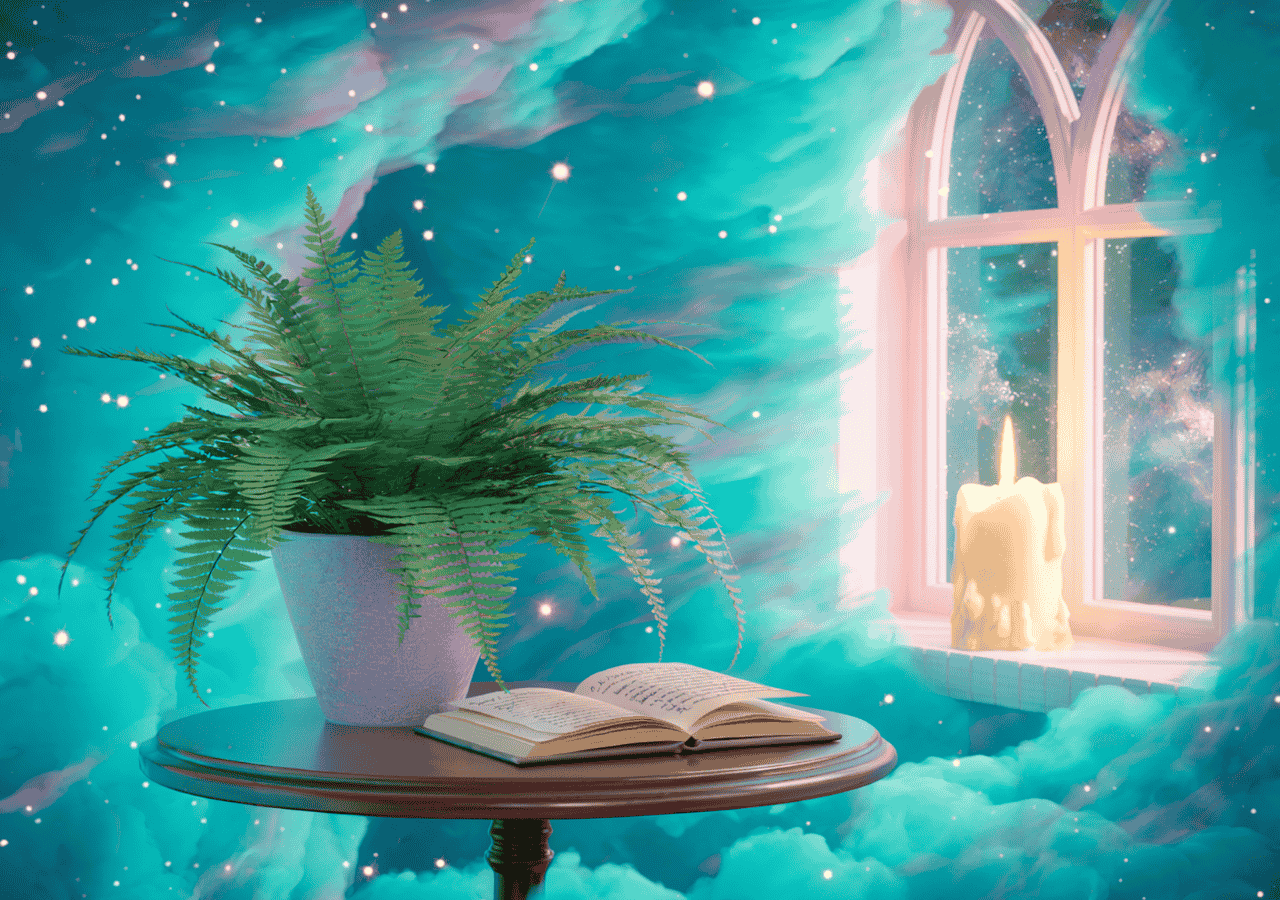 Futuristic cosmic illustration of a cozy scene with a plant, open book, and glowing candle by a window with a starry sky.
