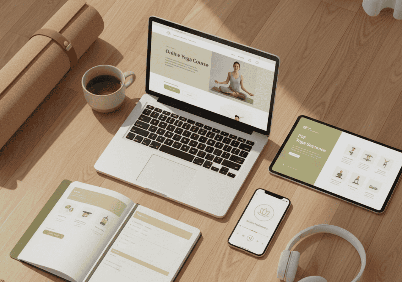 Digital product ideas for yoga teachers shown on laptop, tablet, and phone with yoga mat and planner