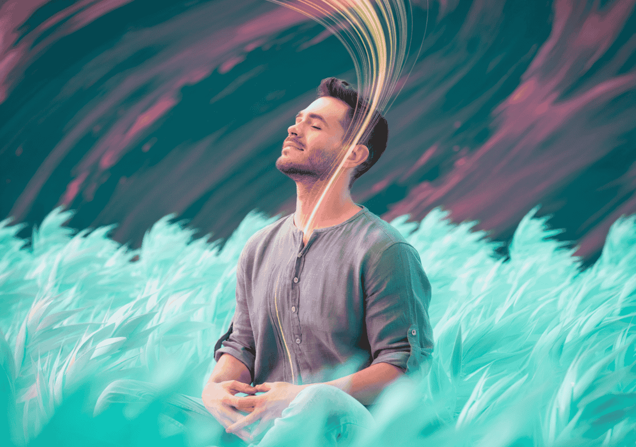Man sitting in meditation with glowing streams of air around his head, thinking positive thoughts
