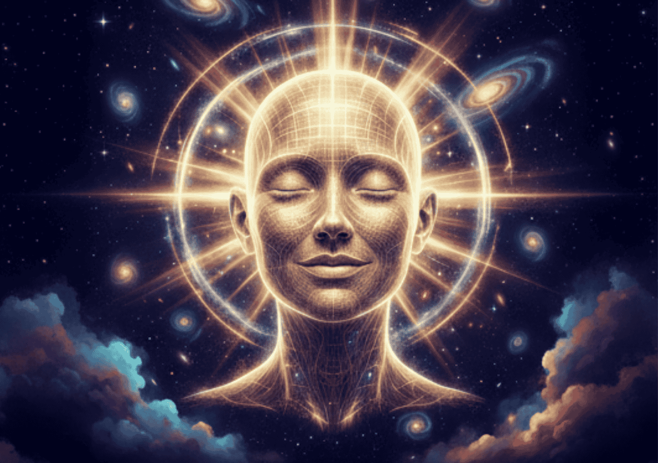 Futuristic cosmic illustration of a smiling gender-neutral head with golden light rays and galaxies radiating outward.