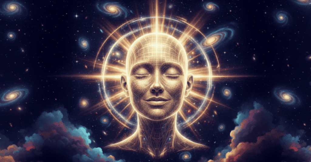 Futuristic cosmic illustration of a smiling gender-neutral head with golden light rays and galaxies radiating outward.