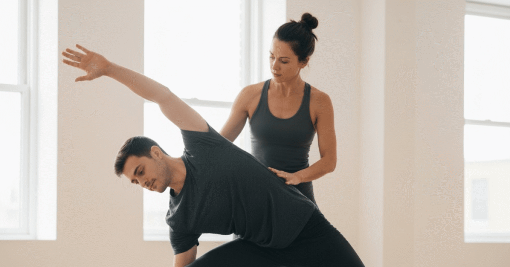 Yoga teacher guiding a student in a private session inside a bright studio.