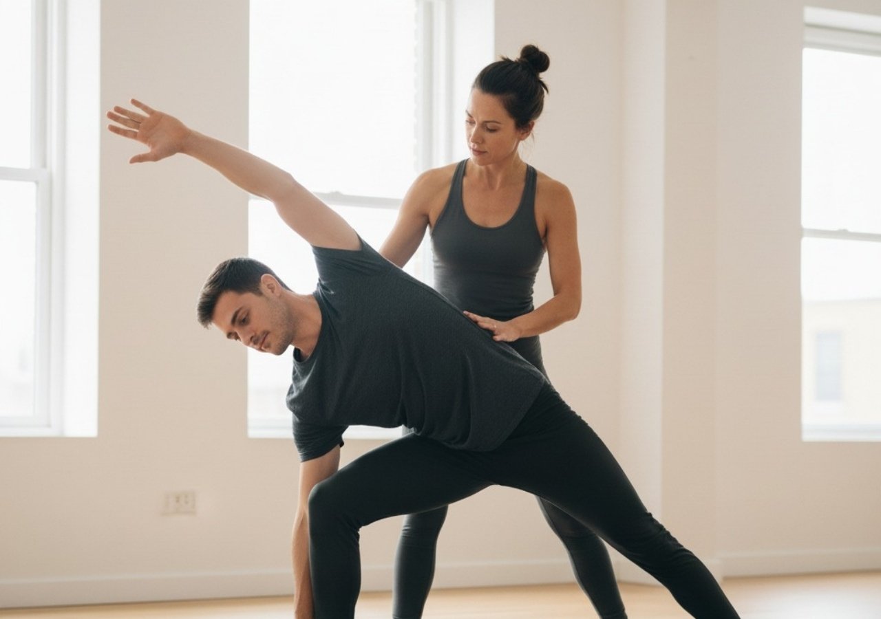private-yoga-session-advanced-teacher Yoga teacher guiding a student in a private session inside a bright studio.