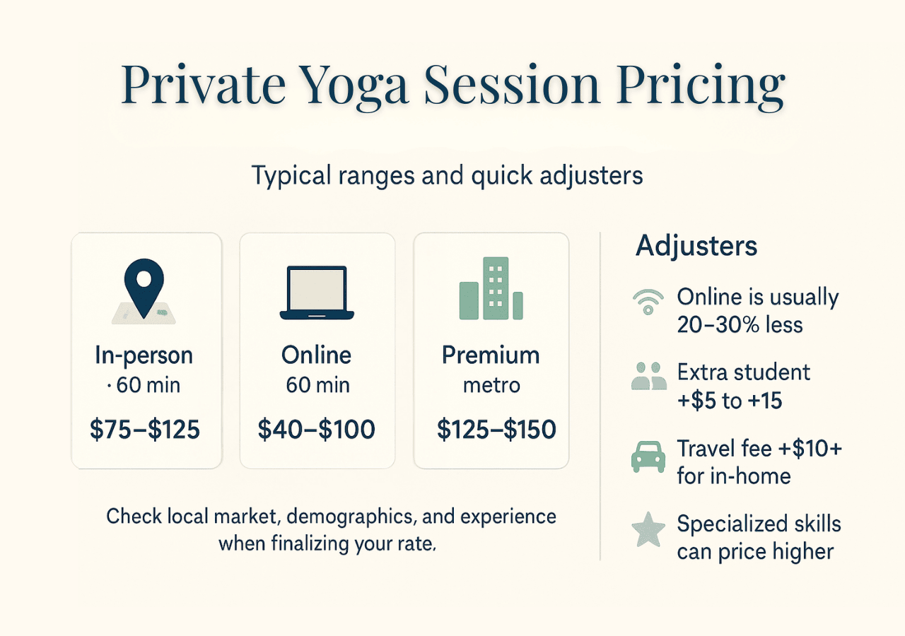Infographic showing private yoga session pricing ranges and adjusters.